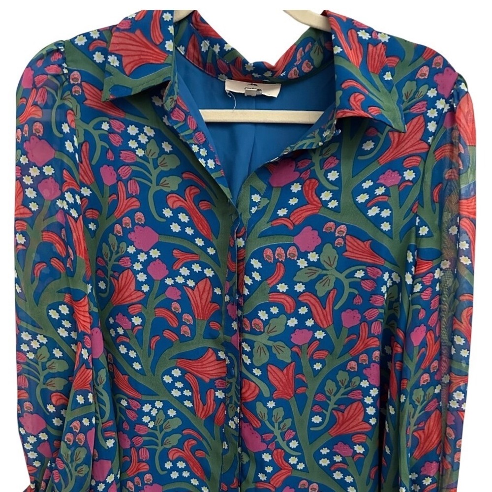 Entro Blue Floral Bubble Sleeve Button-Up Blouse, Sz L